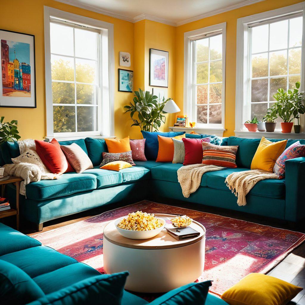 A cozy living room setting with a large comfy couch surrounded by colorful cushions, popcorn bowls, and a projector screen displaying iconic scenes from feel-good movies. Sunlight streams in through the window, inviting a warm and cheerful atmosphere. Fluffy pets lounge nearby. Illustrate with bright, uplifting colors and a whimsical touch. vivid colors. cozy ambiance. illustration.