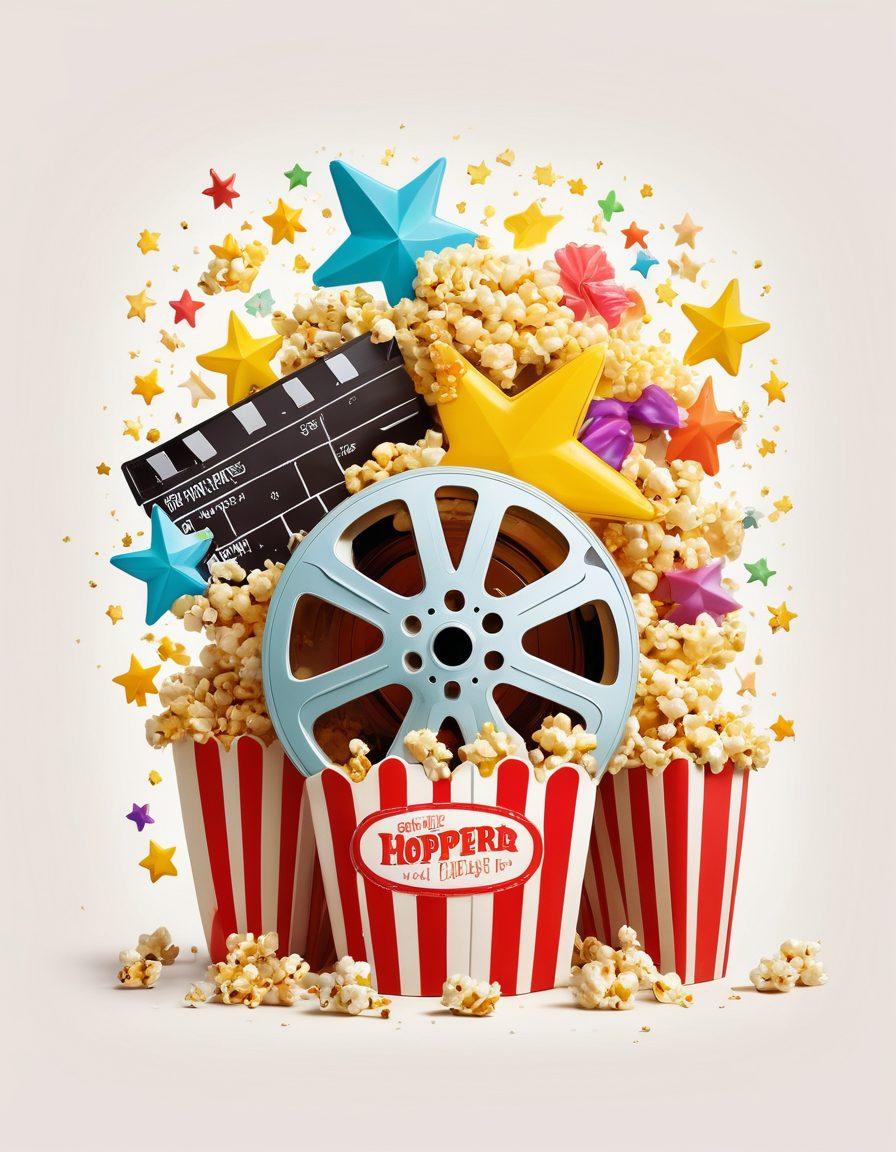 A vibrant, whimsical film reel bursting with colorful scenes from joyful movies, such as laughter-filled moments and heartwarming characters, set against a bright, sunny backdrop. Include playful film icons like popcorn, clapperboards, and sparkling stars, all radiating happiness. super-realistic. vibrant colors. white background.