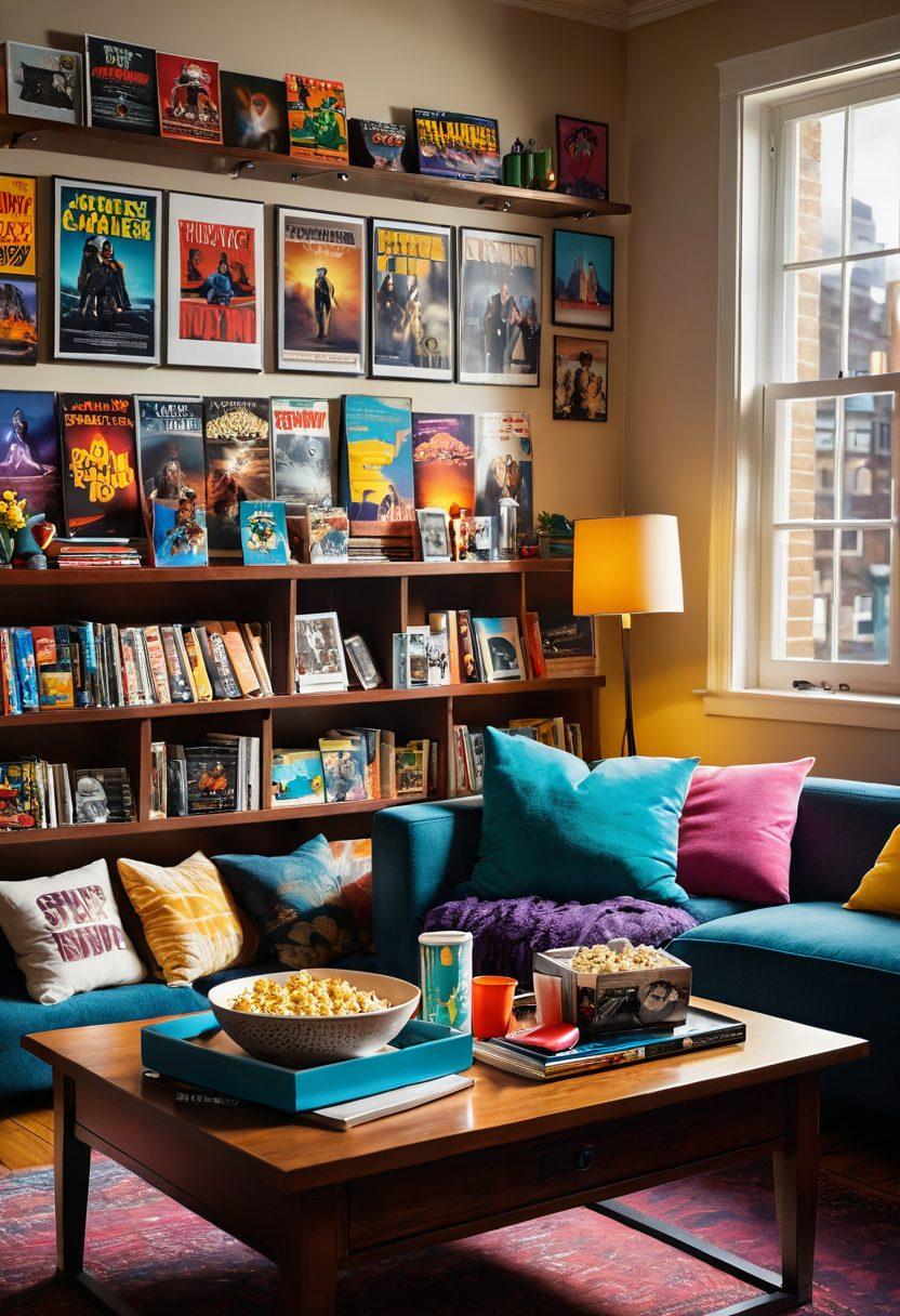 A vibrant scene featuring a cozy living room with a plush sofa and colorful cushions, decorated with movie posters of uplifting films. A bowl of popcorn and a warm drink on a wooden coffee table, while soft sunlight streams through large windows, creating a cheerful ambiance. Include a bookshelf filled with DVDs and a projector casting lively images on a wall. super-realistic. vibrant colors. warm lighting.